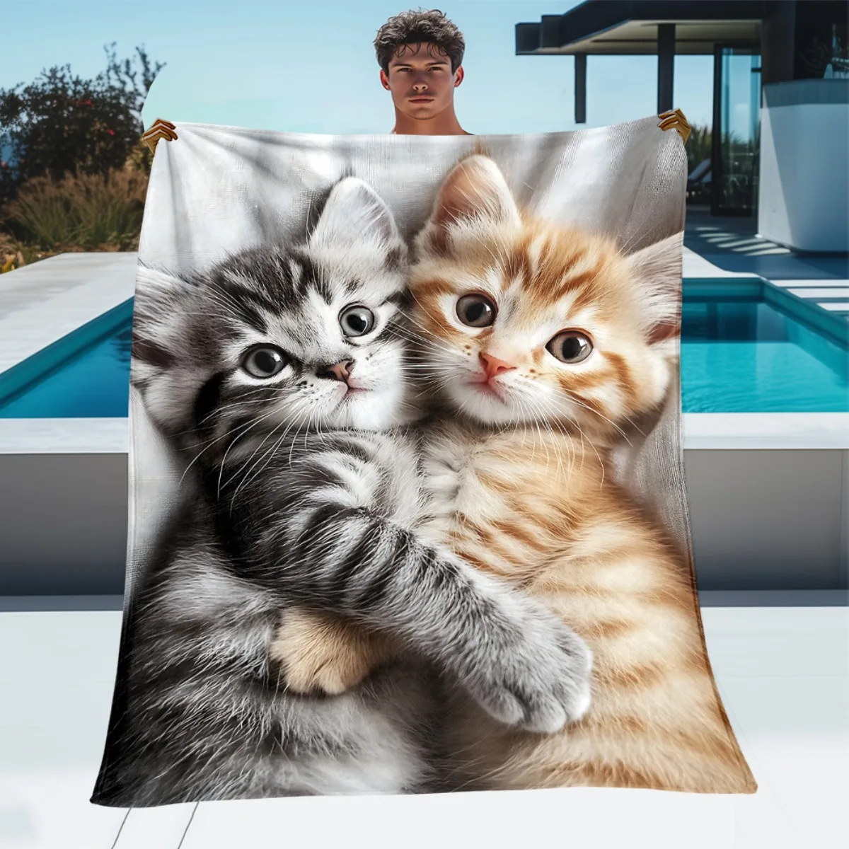Cute Kitten Pair Throw Blanket Beach Scene Pet Lovers Gift Cozy Plush Throw for Sofa Couch Decor