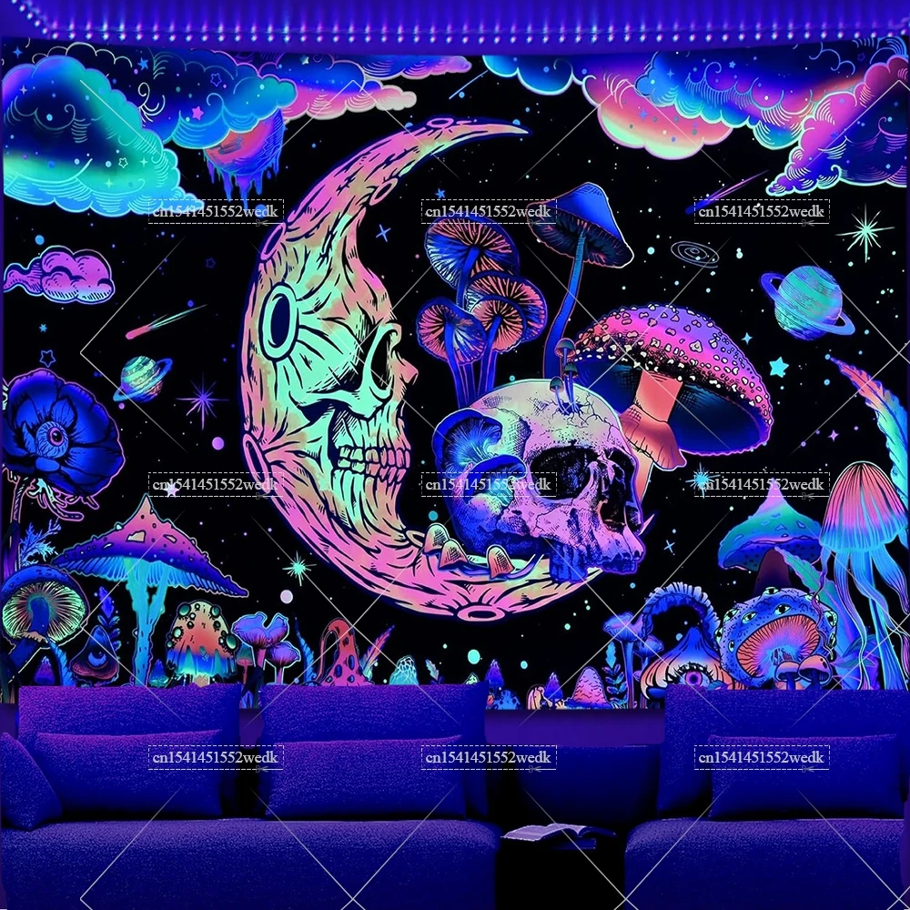 Blacklight Skull Moon Tapestry UV Reactive Mushroom Tapestries Neon Galaxy Planet Tapestry Black Light Glow In The Dark Tapestry