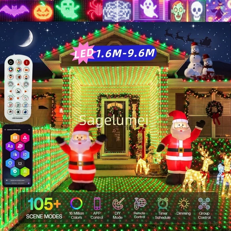 64mの新しい1024個のledを使用したスマートグリッドライト。rgb-icカラー、ip65防水仕様。アプリで自由にパターンを設定でき、クリスマスや庭の装飾に最適。