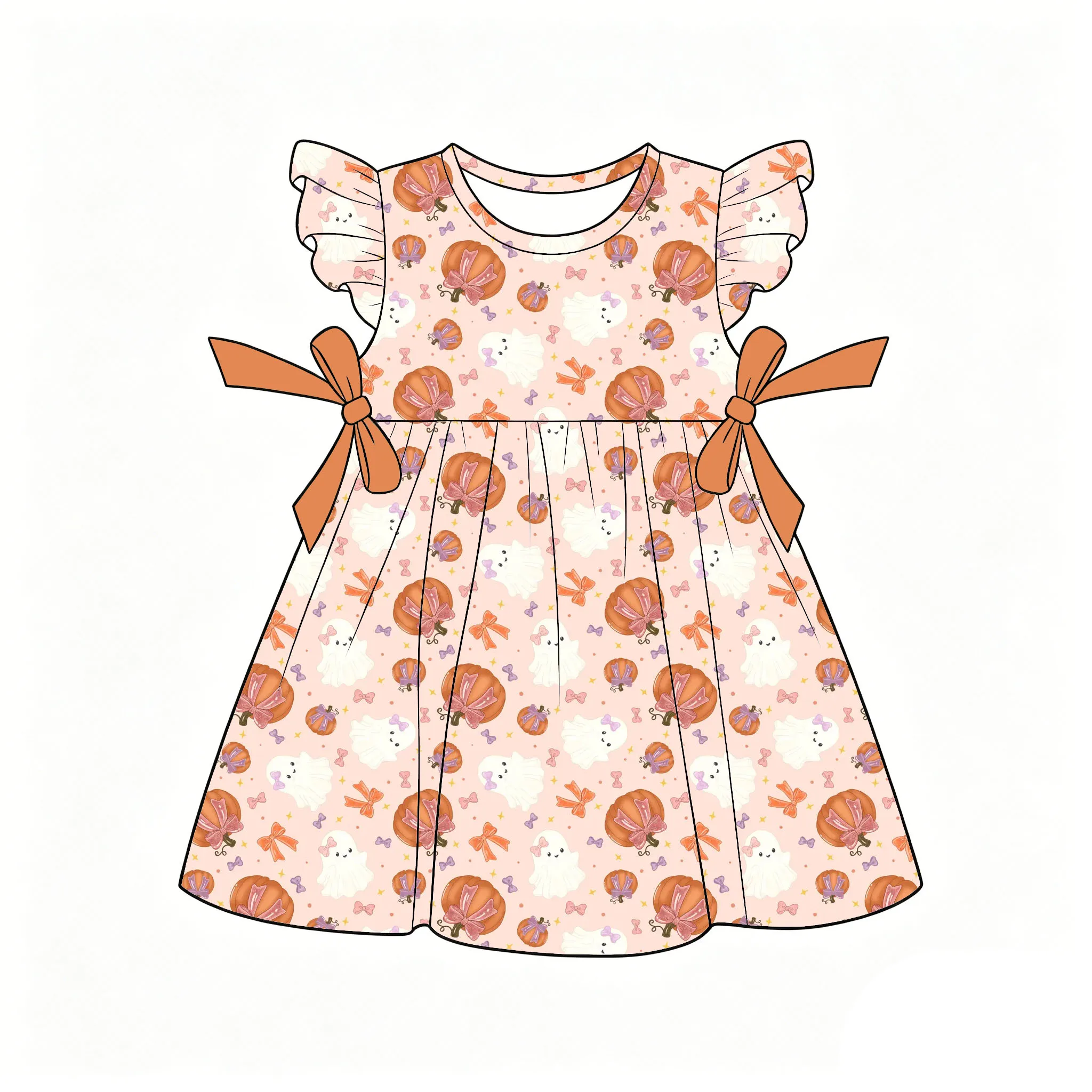 Boutique Girls' dress Crew neck Flutter sleeves bow decorations Thanksgiving Day Pumpkin Ghost print wholesale custom
