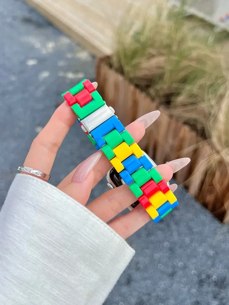 น่ารักสายรุ้งพลาสติกสําหรับ Apple Watch Band 41/45 40/44 46 มม.ที่มีสีสันสร้อยข้อมือสําหรับ iWatch10 49 ultra 9 8 7SE 6 5 4 38/42