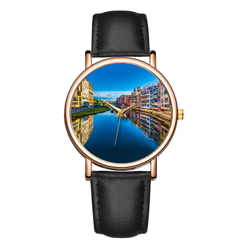 Fashion Women Quartz Watch Set For Women Beautiful Landscape Picture Wristwatch Leather Waterproof Light Watch