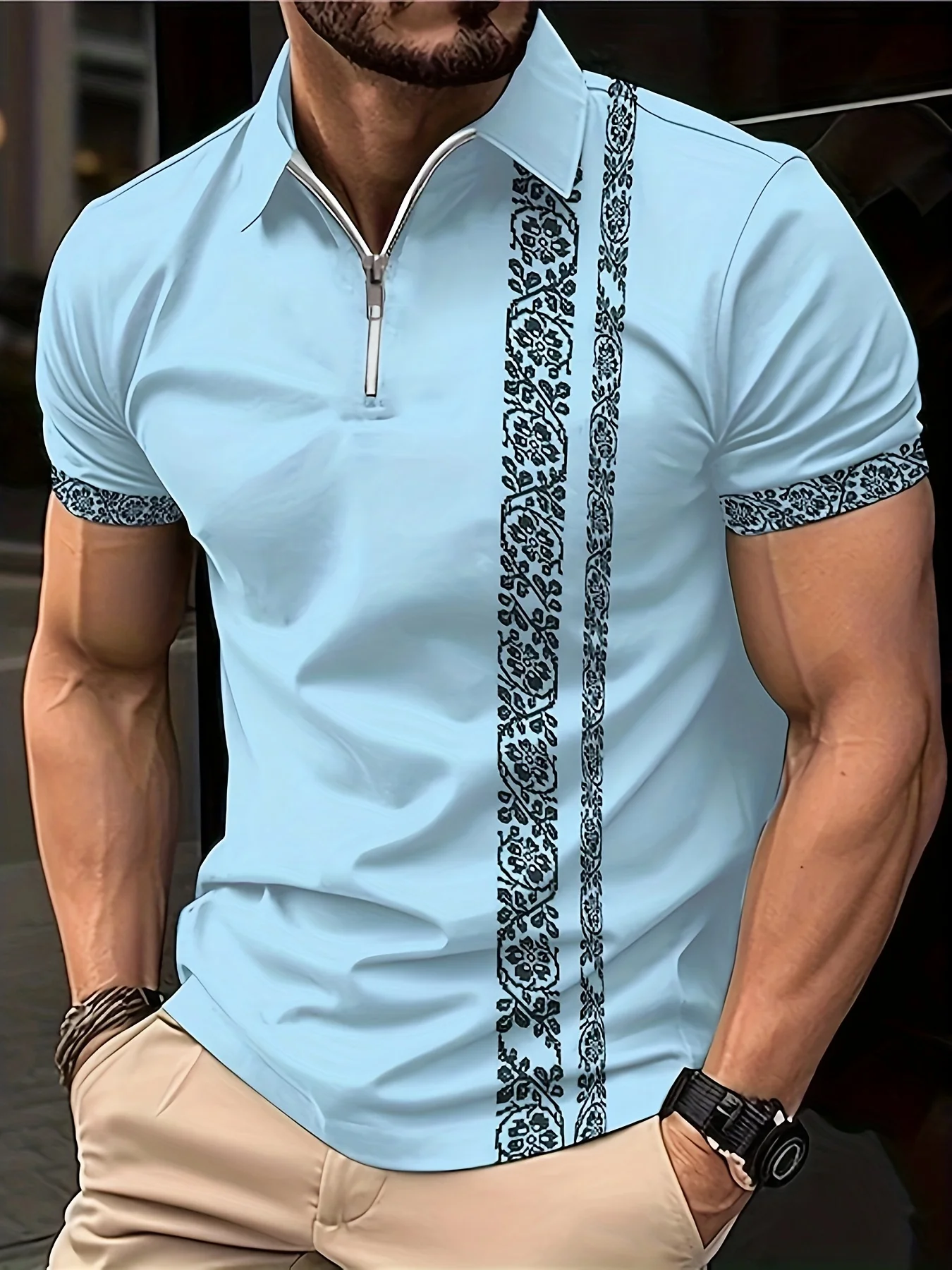 2026 Summer New Style Men's Zippered Polo Shirt with 3D Patterned Print of Floral Design for Street Casual Fashion Breathable