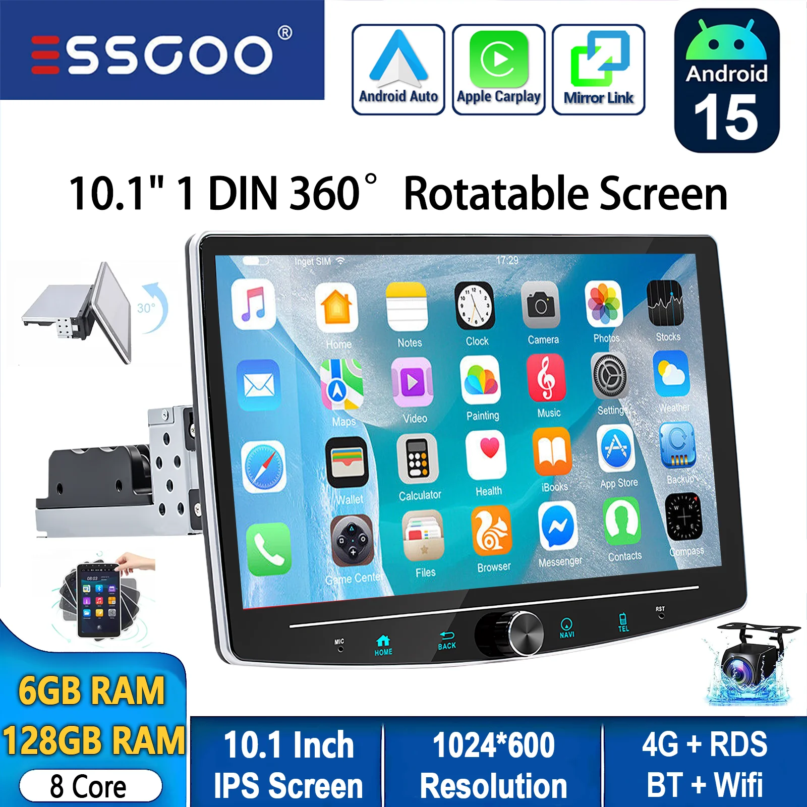 ESSGOO Android 15 10.1 "360 °   Draaibaar scherm 1DIN 6 + 128G 8core 4G Universele autoradio Carplay met microfoon AM Wifi BT RDS SWC