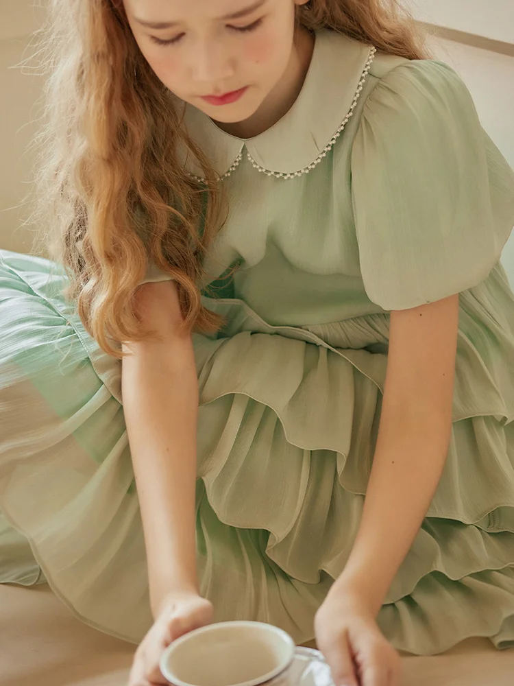Baby Girls Dresses Short Puff Sleeve Light Green Fashion Princess Clothing 2022 Summer 3T 12T Prom Party Bridesmaid Kawaii Dress