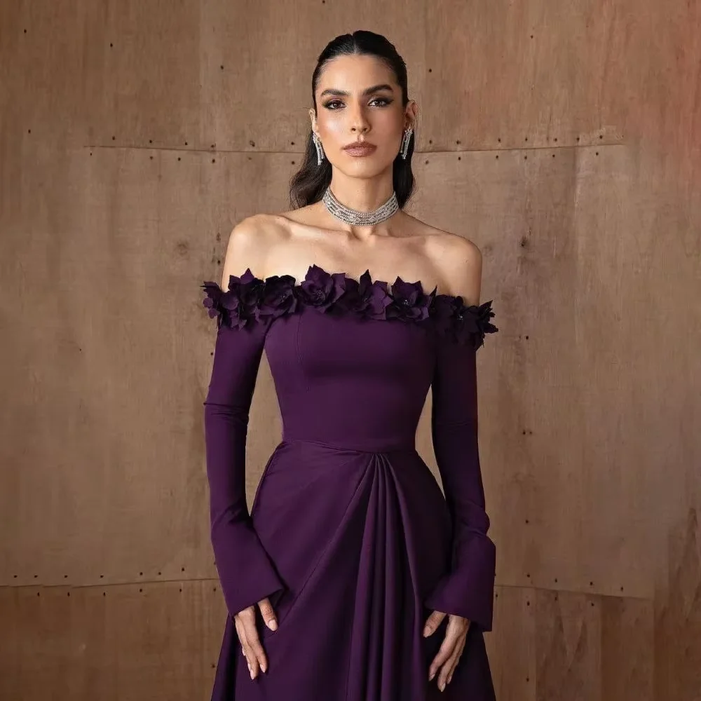 Vestido de noite longo com flores roxas, mangas compridas, vestido de baile, linha a, personalizado, elegante, ombro de fora, vestido de festa feminino, vestido de casamento