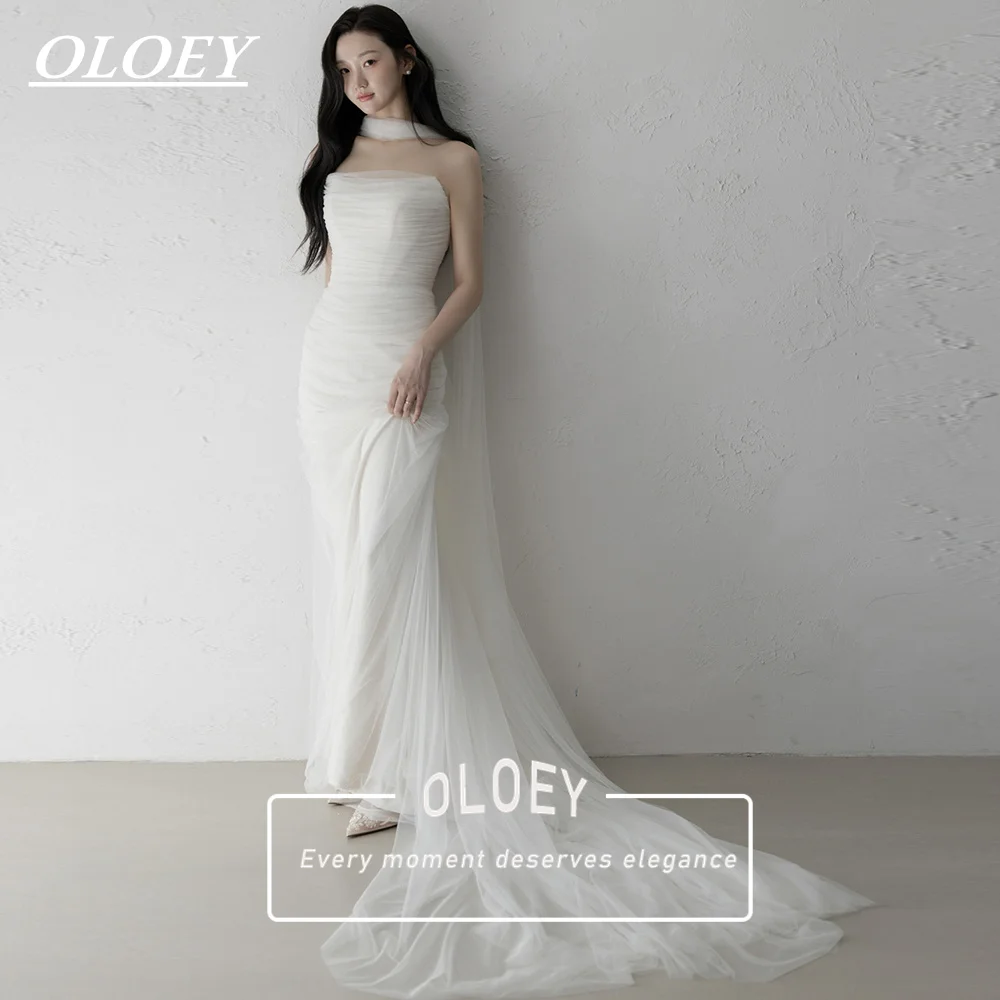 OLOEY Minimalist Strapless Tulle Mermaid Wedding Dress Detachable Scarf Floor Length Korea Photo Shoot Bridal Gown Customized