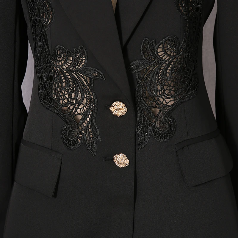 KBQ Temperament Hollow Out Solid Tunic Blazers for Women V Neck Long Sleeve Spliced Button Slimming Jacket Female Fashion New