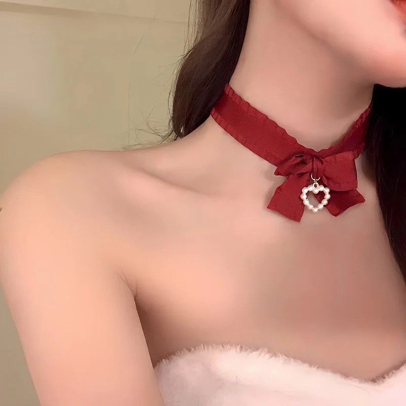 Red Lace Lady Neck Jewelry Accessories Girl Gift Gothic Openwork Heart Choker for Women Bow Ribbon Necklace