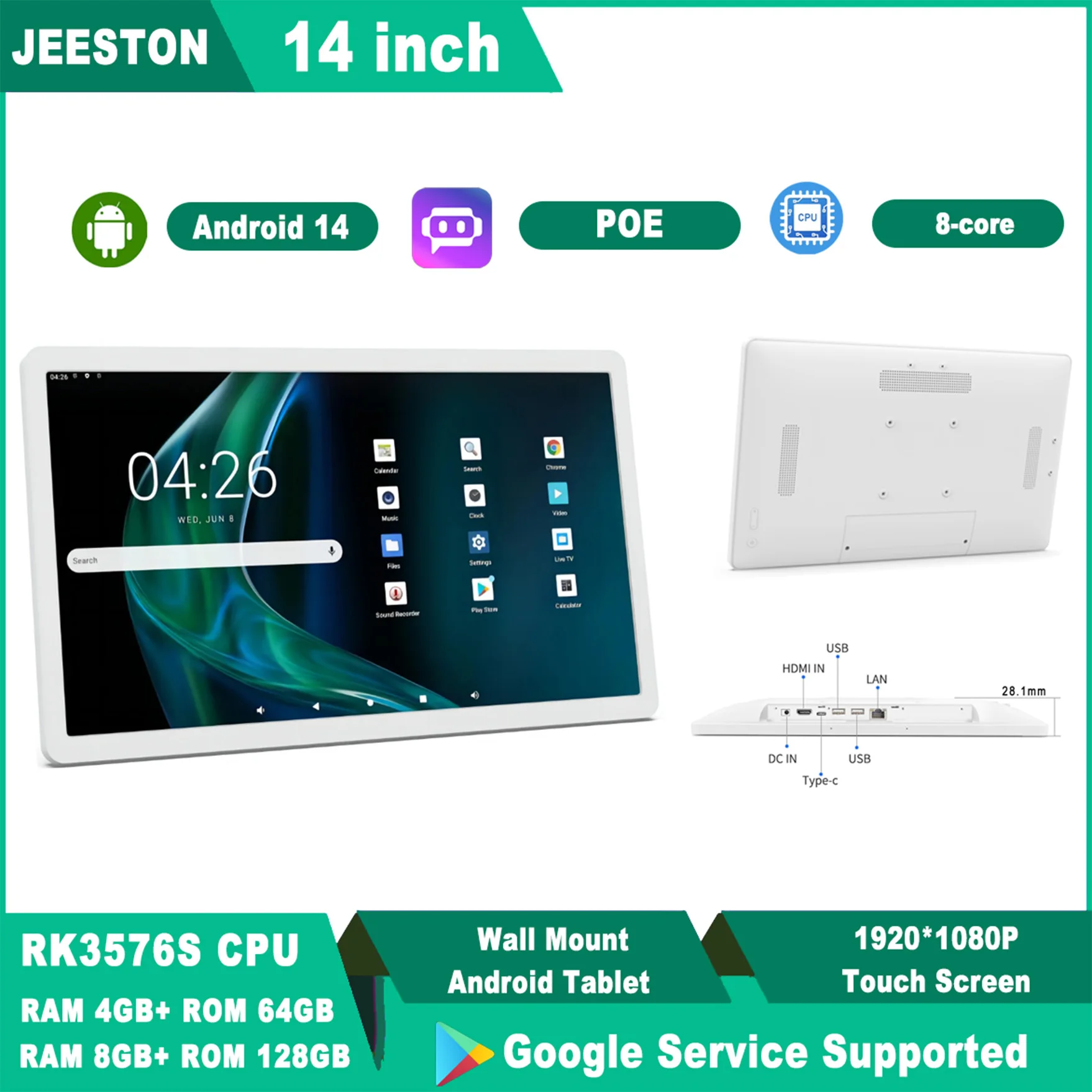 

Android 13 FHD 14 Inch Tablet POE Wall-Mounted White Monitor HDMI IN Slim Advertisement TV FHD Video Player