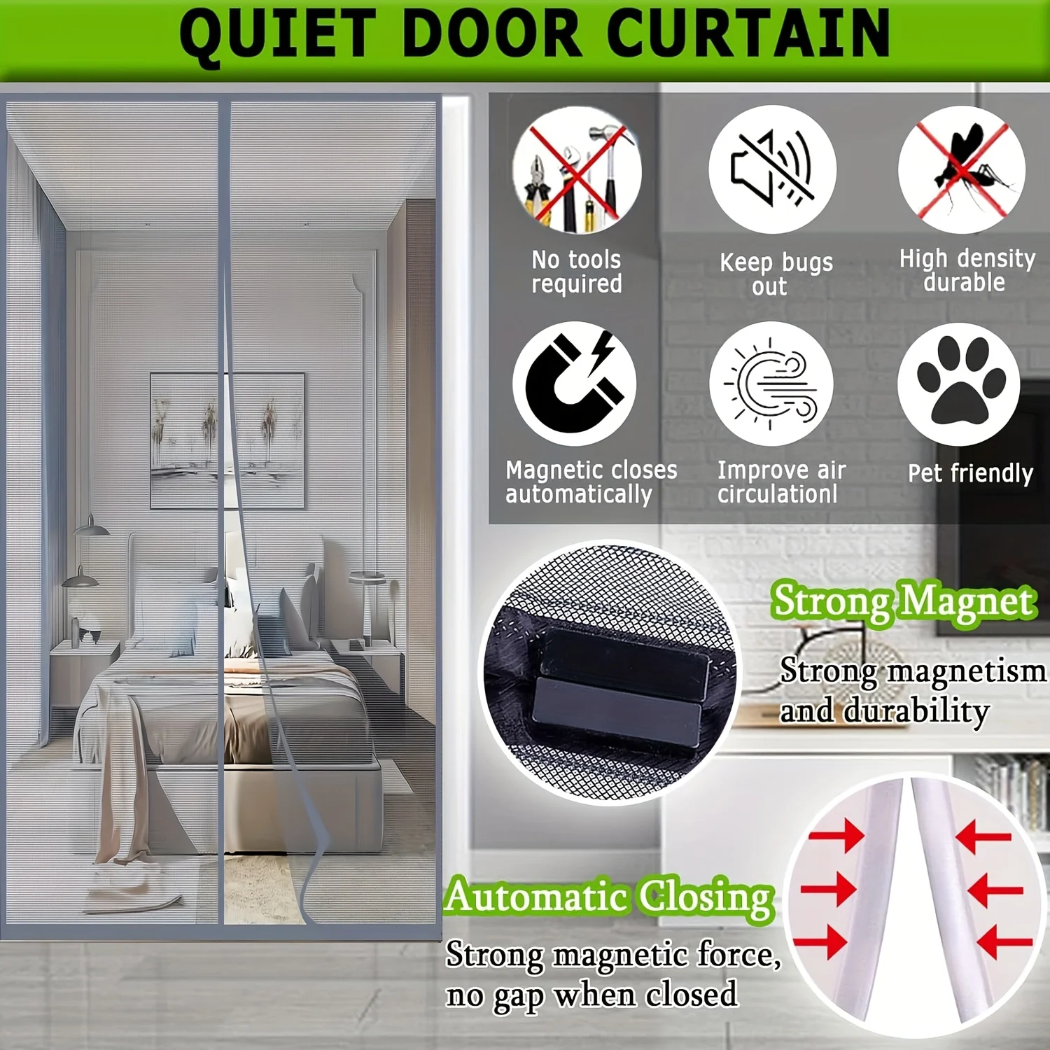 Summer Mosquito-Proof Fly Screen Door, Self-Closing Magnetic Hanging Curtain with No Drilling Installation for Outdoor Doors