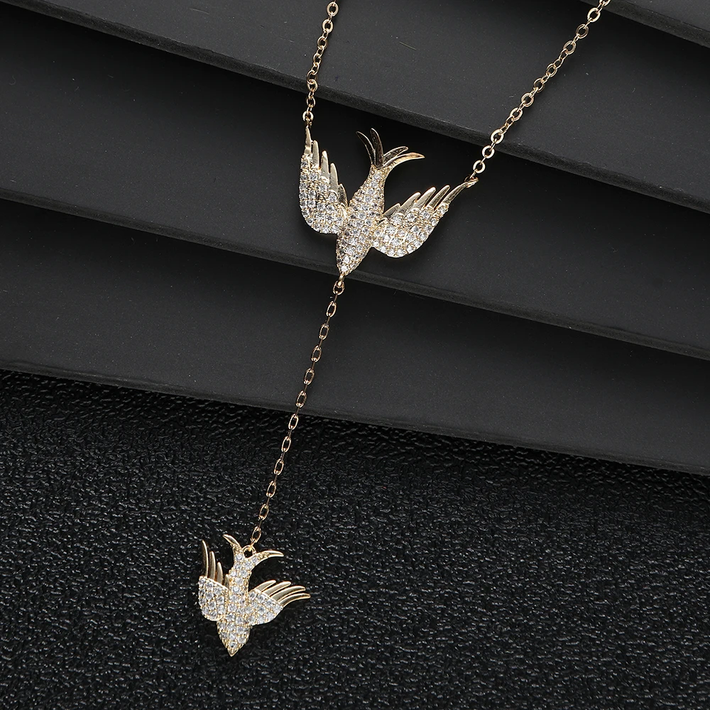 

Luxury Double Bird Angel Wings Pendant Necklace Cubic Zirconia For Women Party Choker Dubai Jewelry Gifts N152