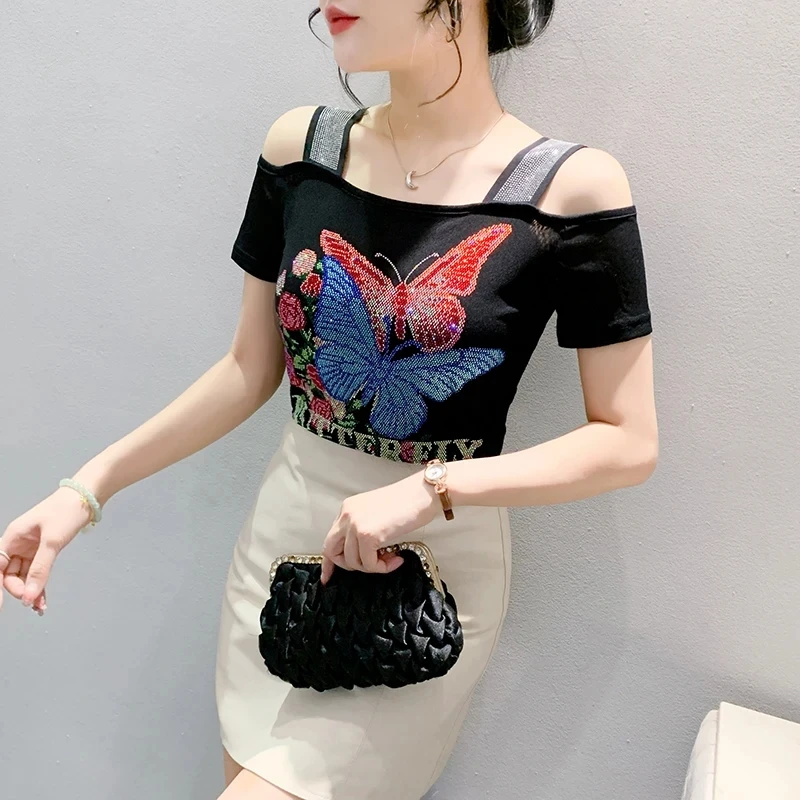 2024 New Summer European Clothes T-Shirt Women Sexy Off Shoulder Fashion Butterfly Shiny Diamonds Slim Tees Tops