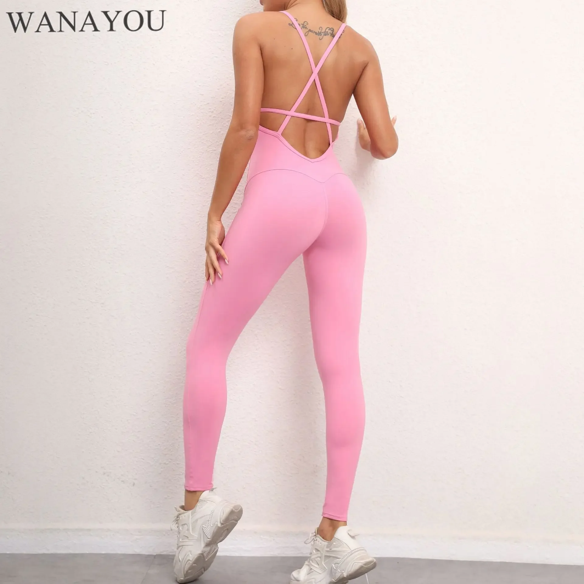 WANAYOU One Piece Yoga Pants Set for Women Cross Back Sports Jumpsuit Sleeveless Gym Fitness Tracksuit Workout Bodysuit Leggings