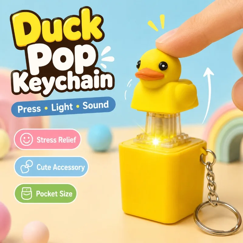 Portable Yellow Duck Pop-Up Keychain Toy with Sound and Light, Funny Press Button Fidget Pendant and Bag Charm Gift