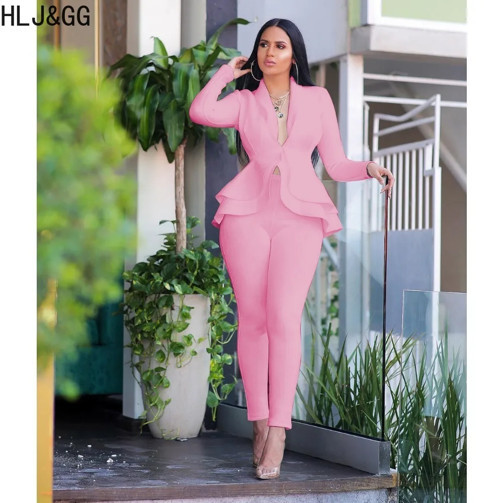 HLJ&GG Elegant Lady Solid Ruffle Design Two Piece Sets Women Deep V Long Sleeve Top And Skinny Pants Outfits Female OL Clothing