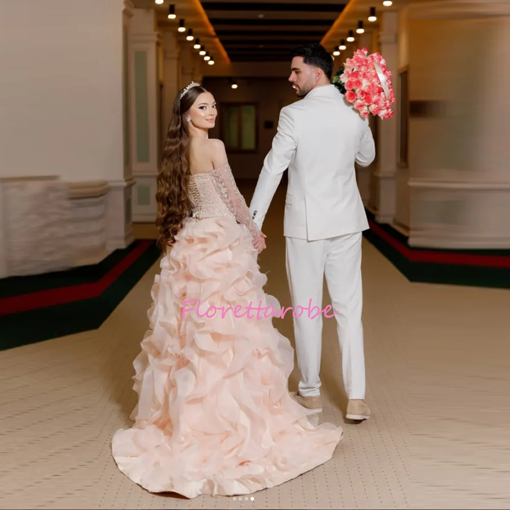 Pink Off The Shoulder Wedding Dress Elegant Princess Prom Gown Flowers Evening Dress  Beaded Ball Gown Vestidos De Niova Customi