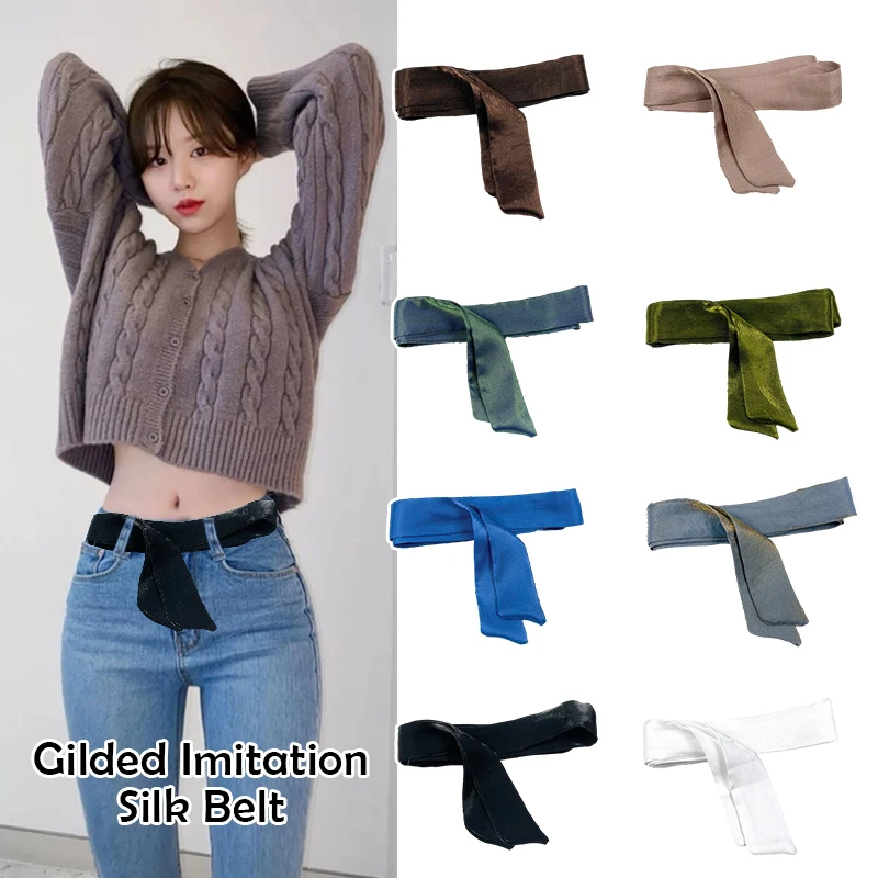 Women Fashion Thin Waist Belts Fabric Streamer Lady Silk Scarf Shimmer Imitation Silk Tie Ribbon For Dresses Jeans Belt