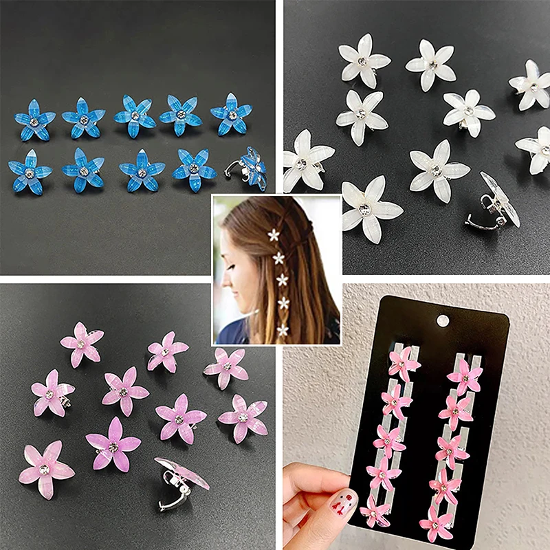 10Pcs Cute Flower Women Simple Snap Clip Pearl Weaving Headwear Small Hairclips Girls Water Diamond Hair Clips Accessories