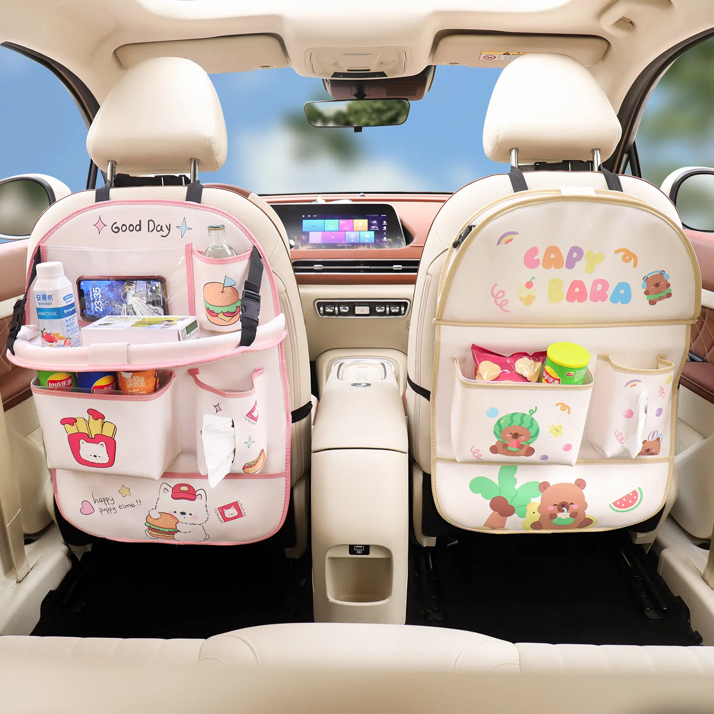 

Car Leather Seat Back Storage Bag Water Cup Hanging Bag Car Seat Back Dining Table Board Multifunctional Cute Car Storage Bag