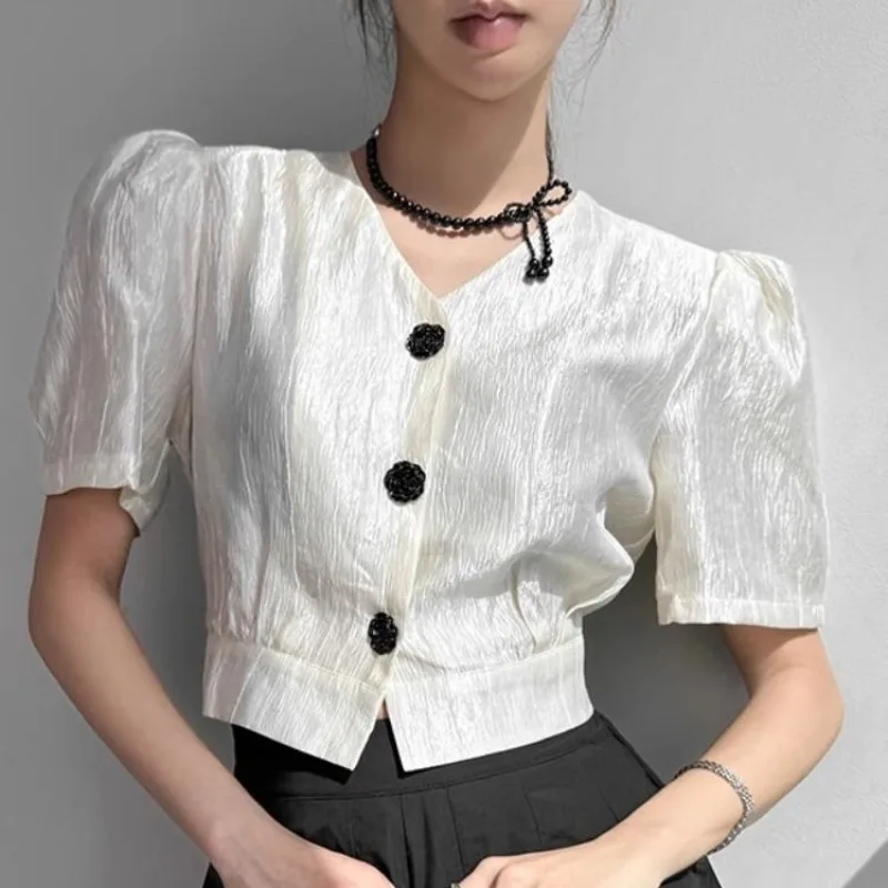 

Minimalist Commuter Summer New Short Blouses Women's Spliced Solid V-neck Ruched Drawstring Short Sleeve Single Breasted Shirts