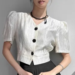 Minimalist Commuter Summer New Short Blouses Women's Spliced Solid V-neck Ruched Drawstring Short Sleeve Single Breasted Shirts