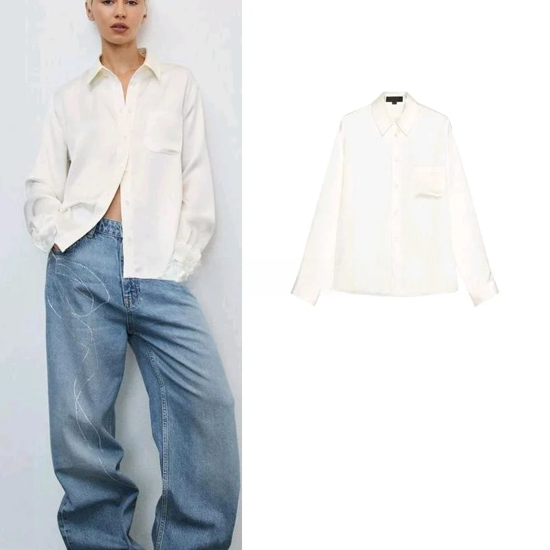 봄 신착 여성 캐주얼 실크 새틴 느낌 슬림 피트 스트레이트 레그 셔츠 품질 세련된 긴 소매 칼라 블라우스