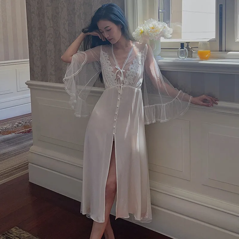 Princess French Sexy Lace Night Robe Fairy Beautiful Long White Morning Robe Imitation Silk V-Neck Nightgowns New Arrival