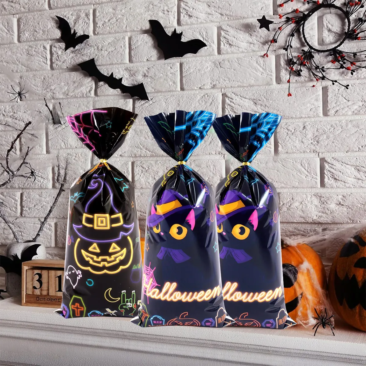 25/50/100 Stück Halloween-Geschenktüten mit schwarzer Katze, Kürbis-Süßigkeits-Verpackungsbeutel, Süßes oder Saures 2025, Happy Halloween Party-Dekorationszubehör – Detail 5