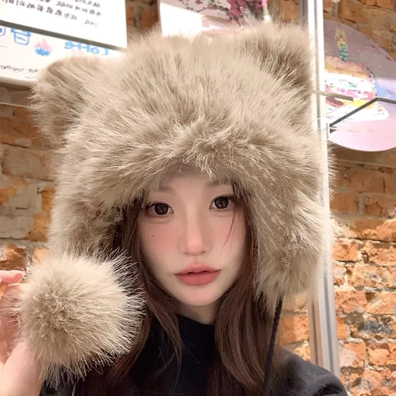 Korean Sweet Little Bear Tail Plush Bomber Cap Winter Women Keep Warm Windproof Ear Protection Cute Pom-pom Beanie Ear Hat