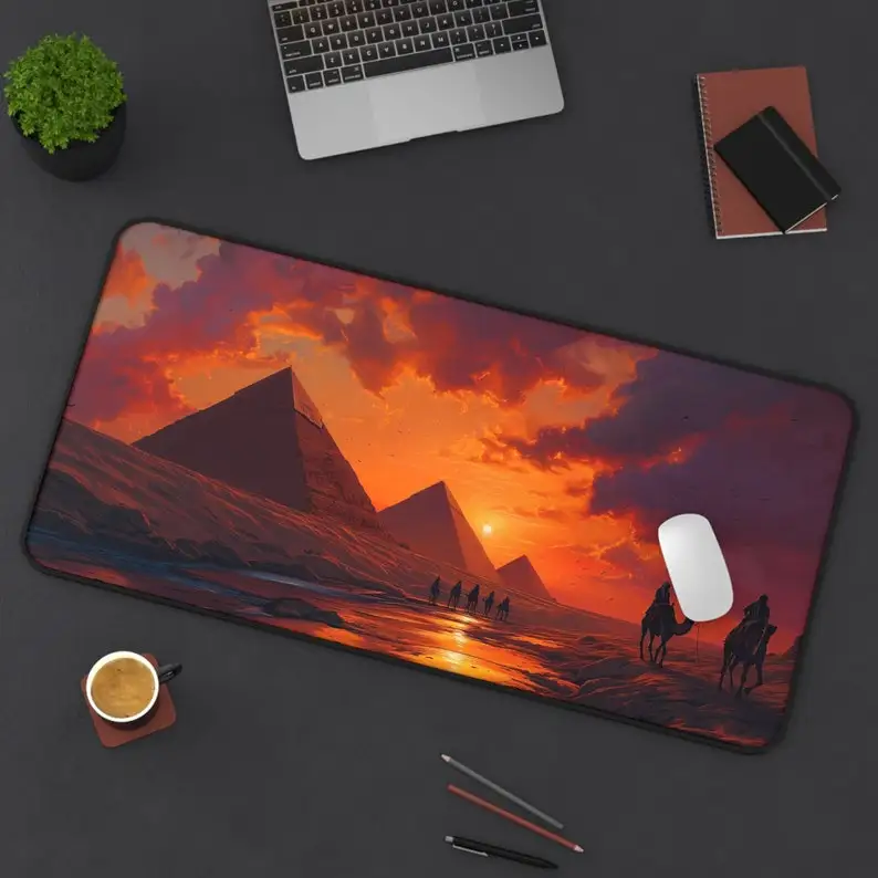 ピラミッドパターンテーブルマット、古代エジプトマウスパッドXXL、夕暮れのラクダ、滑り止めゲーミングマウスパッド、エジプトデスクトップデコレーション
