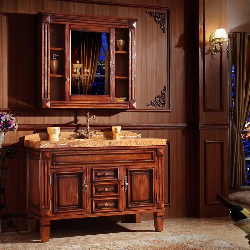 

Red oak American bathroom cabinet mirror cabinet combination bathroom marble washbasin cabinet floor solid wood locker overall