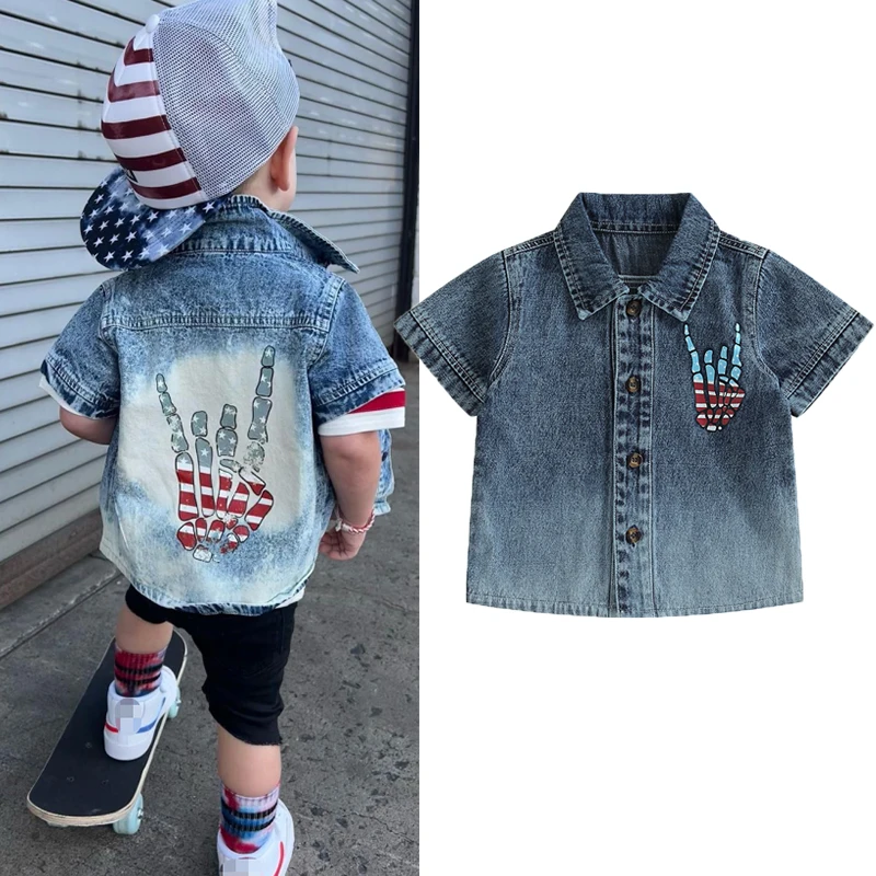 

2023-04-13 Lioraitiin 0-6Years Kids Boy Girl Shirt Independence Day Short Sleeve Turn-down Collar Button Closure Hand Print Tops