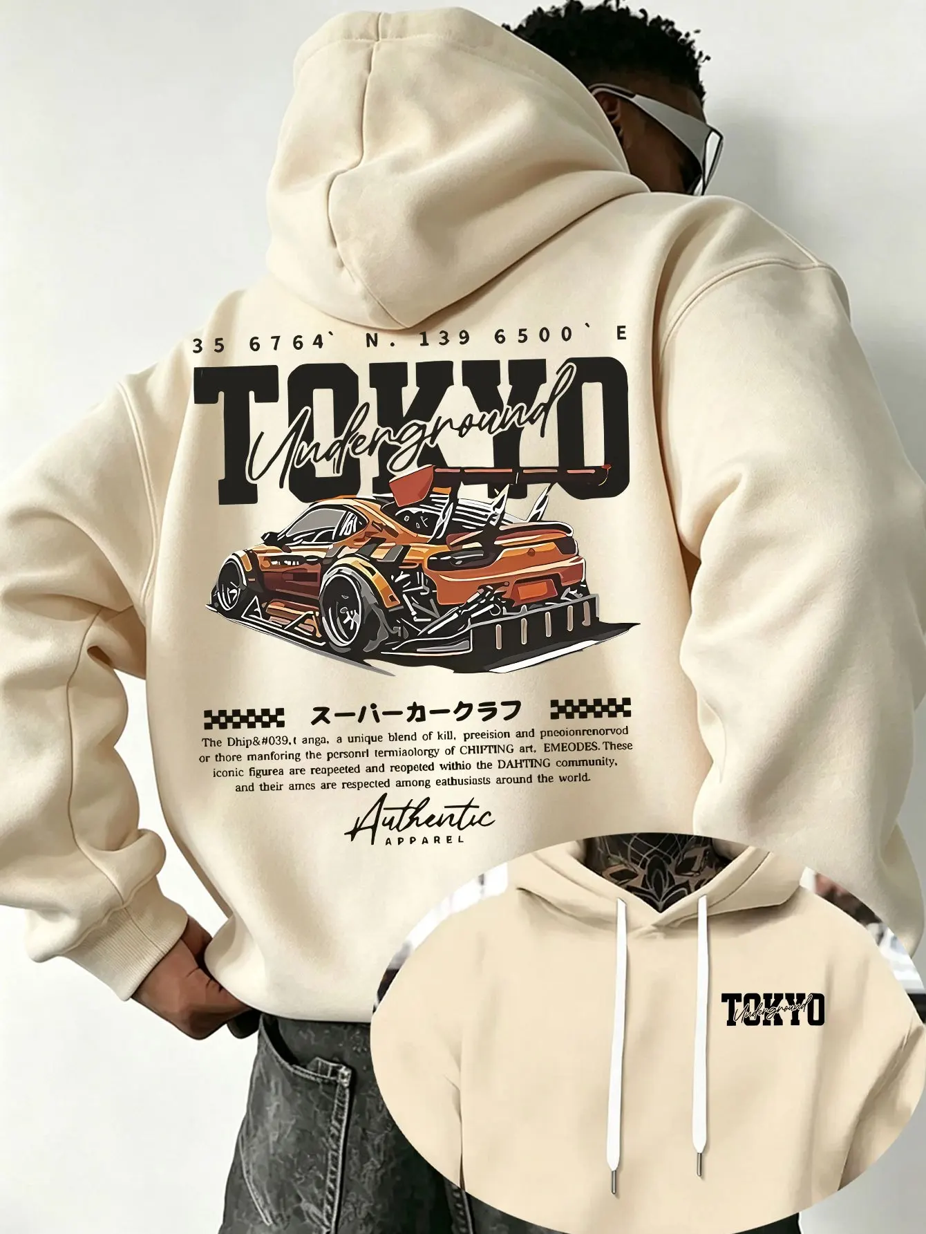 Tokyo-style Japanese Racetrack Print Street-wear Men's Hooded Sweatshirt for Autumn Winter, Suitable for Daily Commuting Outfits