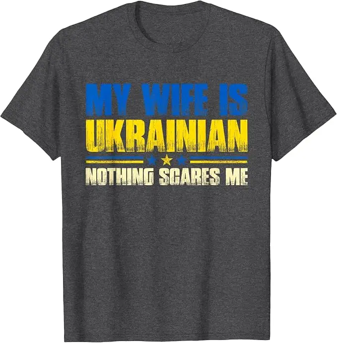 T-Shirt mit Aufdruck „Meine Frau ist Ukrainerin – Nichts macht mir Angst“ – Ukraina-Stolz-Flagge Y2K-Buchstaben Grafik-Slogan-T-Shirt – Herrenmode-Kleidung – Detail 8