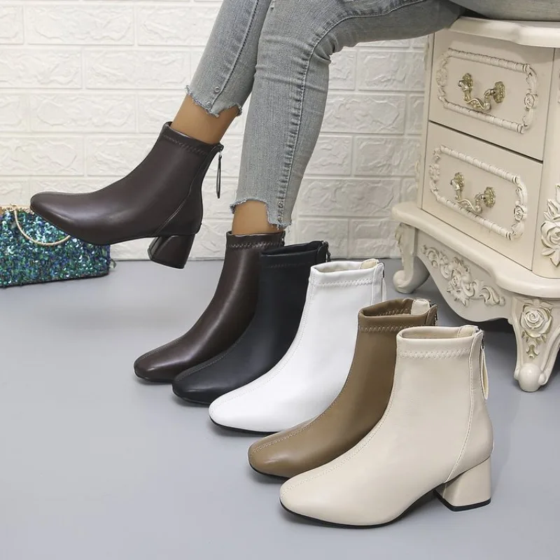

Square Ankle Boots Autumn Comfortable Soft Leather High Heel Boots Women's Fashion Zipper Simple Temperament Women's Shoes