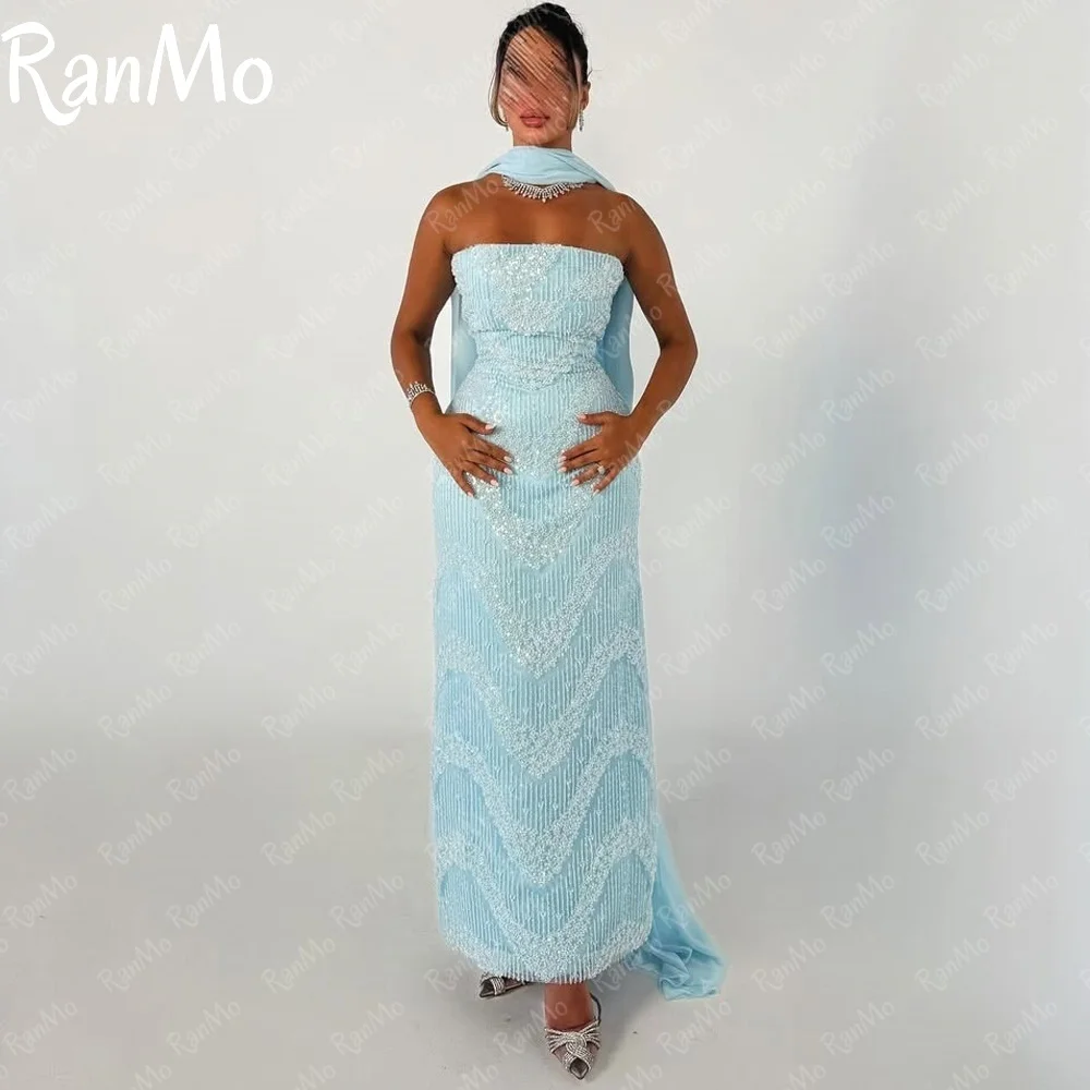 

Ranmo Luxury Sky Blue Mermaid Evening Dress Sleeveless Beaded Lace Shawl Customsied 2025 فساتين سهرة Ankle-Length