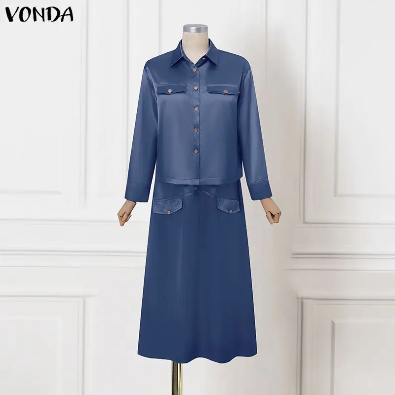 

Элегантные женские атласные комплекты VONDA: рубашки с длинным рукавом и длинные юбки макси, весна 2026, свободный повседневный однотонный уличный стиль, комплекты из 2 предметов