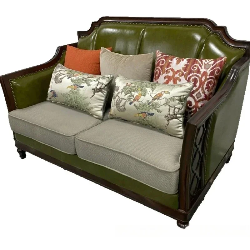 American rural retro PU leather soft bag sofa, idyllic villa living room solid wood simple green leather sofa