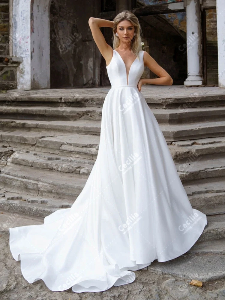 A-Line Wedding Dresses Satin Bridal Gowns Sleeveless Backless Robes For Formal Party Sleeveless V-Neck Vestidos De Novia 2024