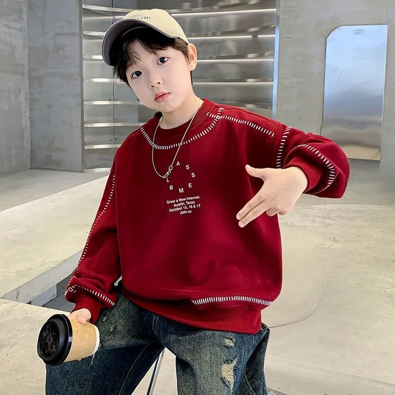 

2025 New Boys' Big Kids Fleece-Lined Thickened Red Sweatshirt 8-12 Years Old Winter Kids' Top