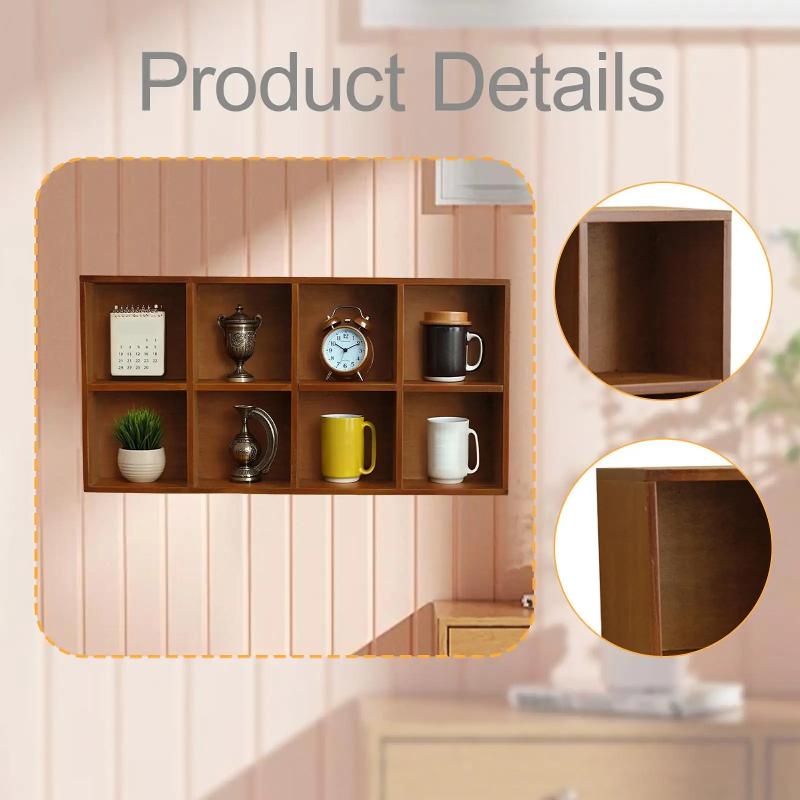 Wooden Wall Shelf 8 Grids Display Case Storage Rack Rustic Floating Organizer for Collectibles and Cups