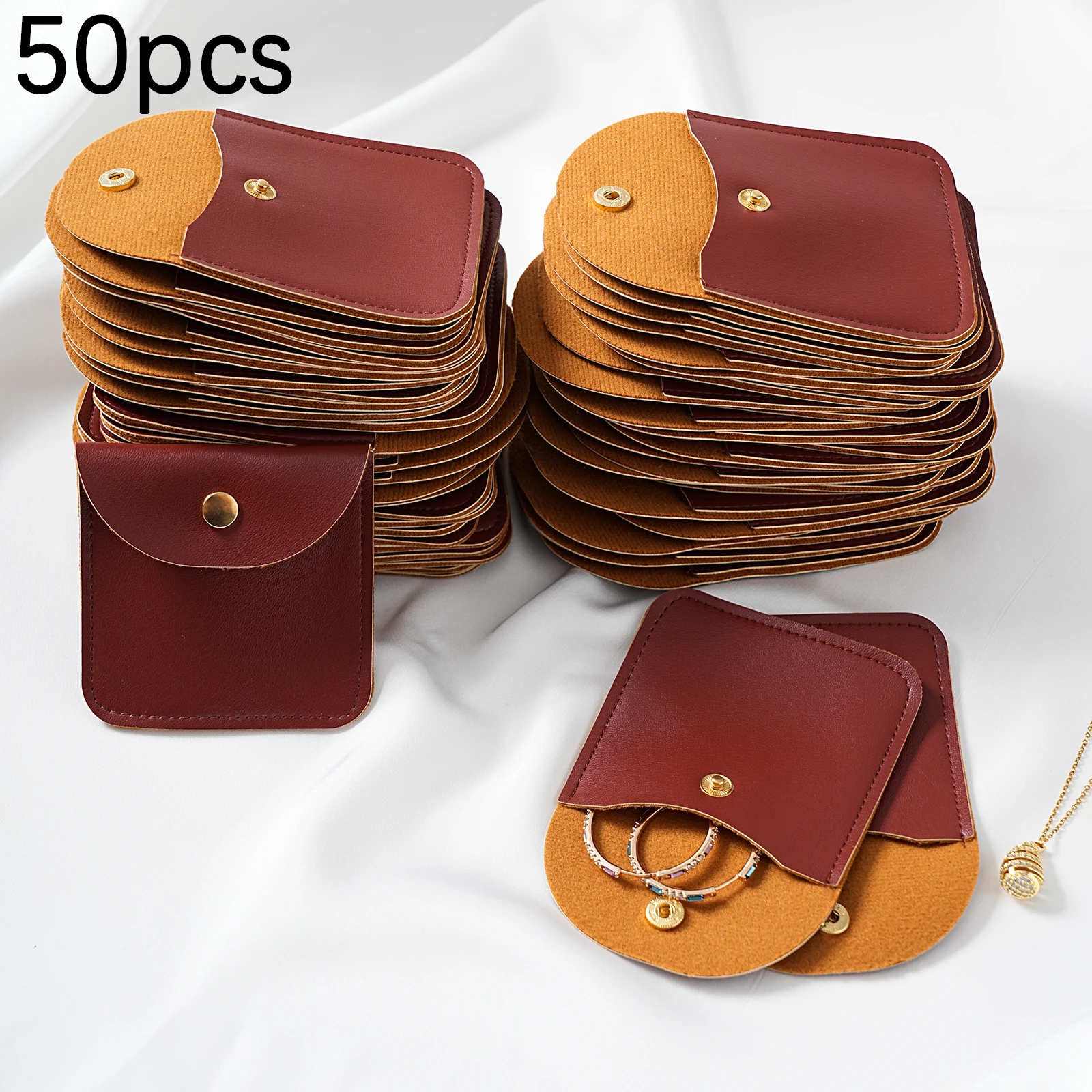 

50 шт. коричневая сумка, роскошная сумка для ювелирных изделий из искусственной кожи 8x8 см, органайзер для ювелирных изделий, подарочная упаковка, блестящая сумка для колец, серег, браслета