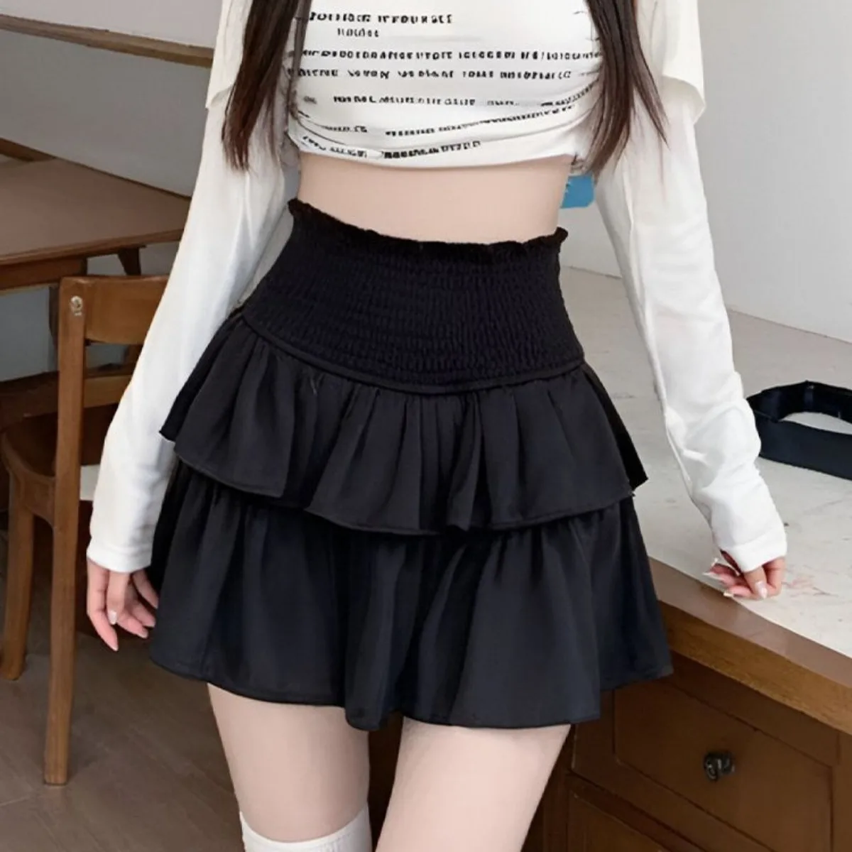 White / Black Mini Short Skirt High Waist Layered Sexy Short Skirt Daily Basic Sweet Preppy Girl Clothes Miniskirt Korean Style