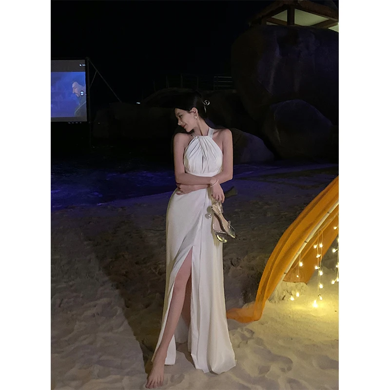 Elegant ซาตินสีขาว Midi ชุดผู้หญิงแฟชั่น Party Prom เซ็กซี่ Halter ชุดเดรสฤดูร้อนเกาหลี Backless Bodycon Vestidos