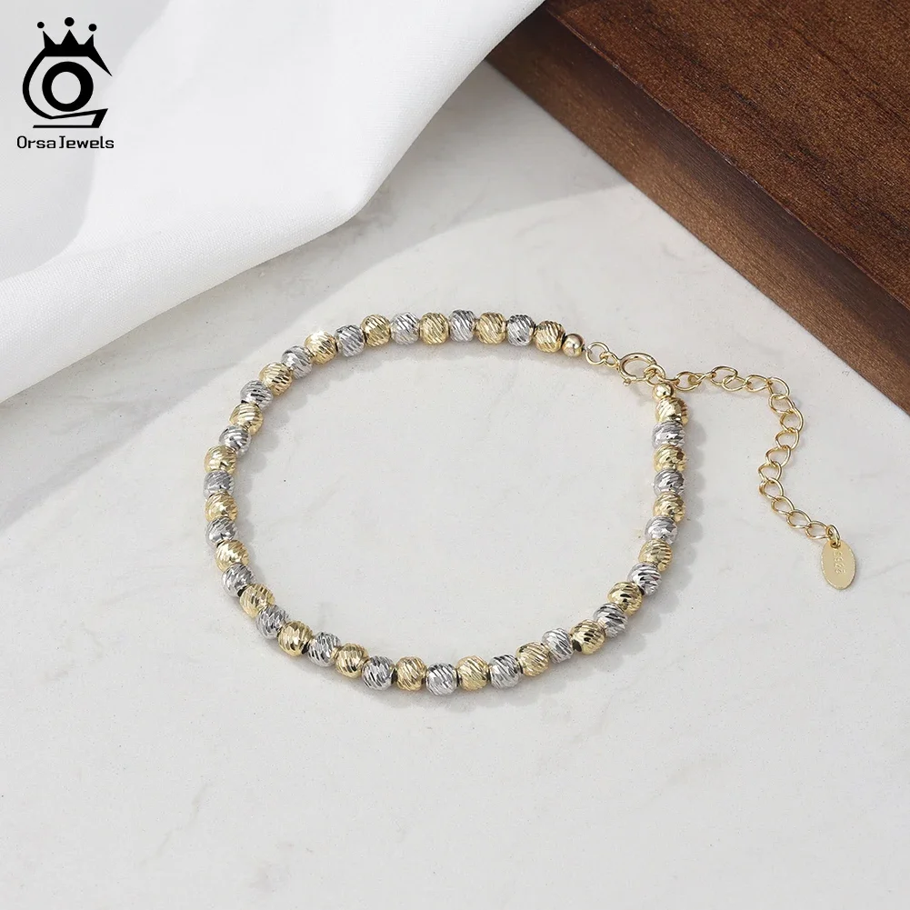 

ORSA JEWELS Genuine S925 Silver 4MM Beaded Chain Bracelet for Women Round Beads Bracelet Set Unisex For Daily Jewelry GAB03