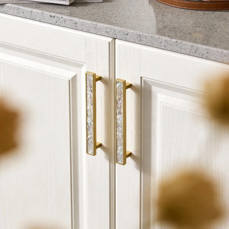White Natural Shells+ Brass Children's Room Wardrobe Shoe Cabinet Handle Modern Door Knobs Drawer Tatami Invisible Handles 128mm