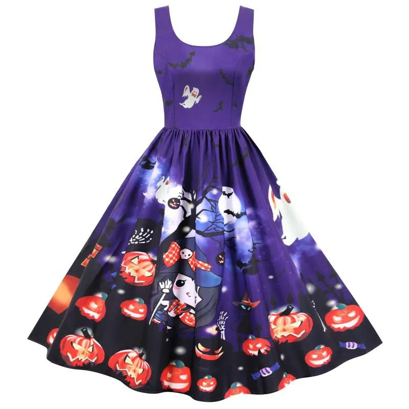 Halloween Dress Women Sexy Spaghetti Strap Print Vintage 50s Party Dresses A-line Midi Robe Femme