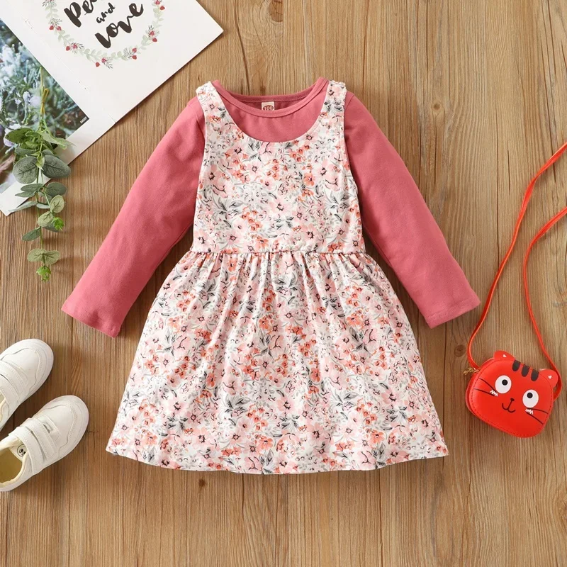 

Kids Dresses for Girls Spring Autumn Children Clothes Sets Solid Long Sleeve Tops+ Floral Dress 2 Piece Girls Clothing Set 1-6Y