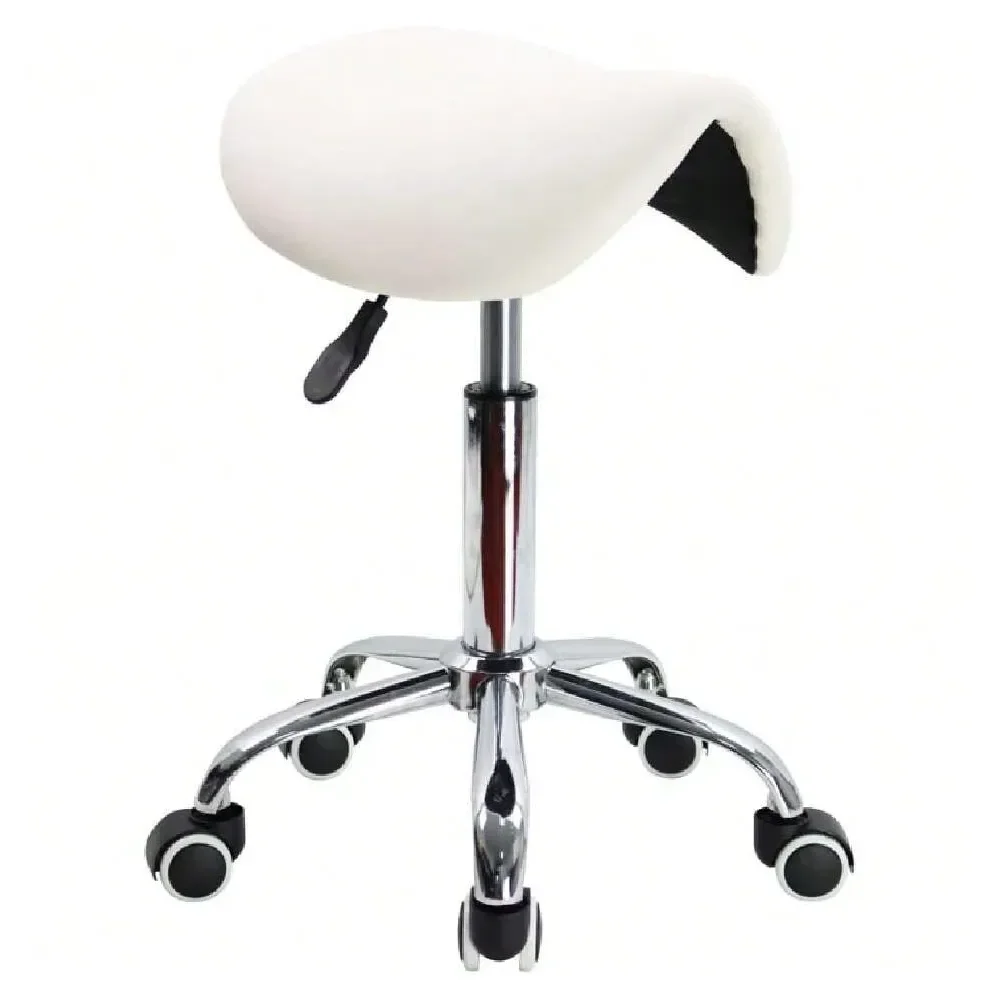 

Saddle Stool PU Leather Swivel Adjustable Rolling Stool With Wheels Salon Chair White,40062015